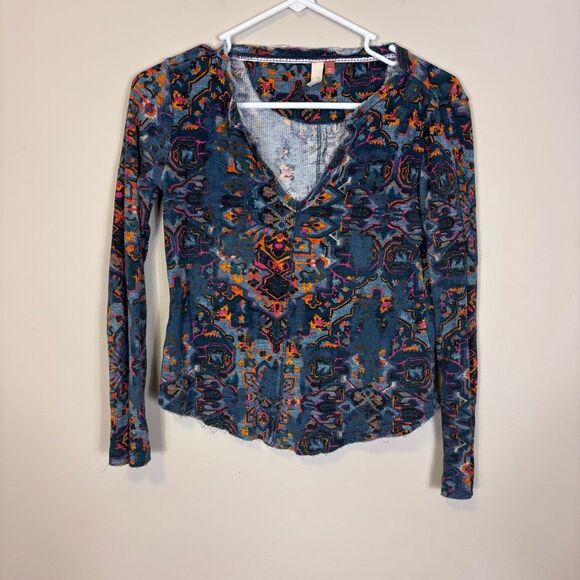 Pilcro Anthropologie Blue with Orange & Pink Patterned V Neck Long Sleeve XXS - Picture 1 of 5